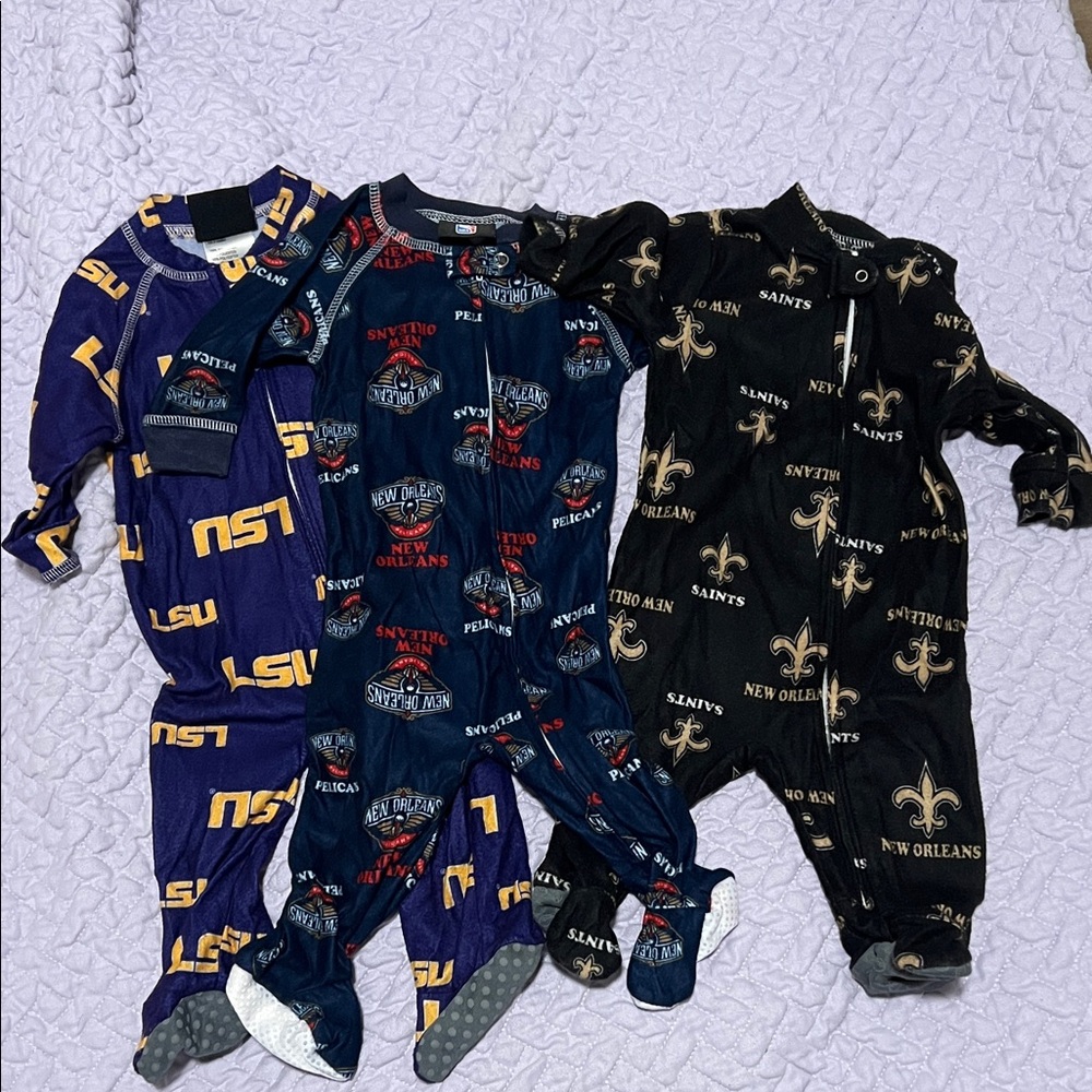 LSU and Pelicans, and Saints Kids One Piece Set - Purple, Black, Blue